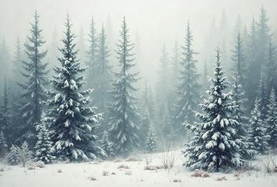 The primary subject of the image is a snow-covered forest with pine trees. The setting is a snowy landscape with trees and a field. The visual style is a painting, which creates a serene and wintry atmosphere. The dominant colors are white, gray, and shades of green from the pine trees.